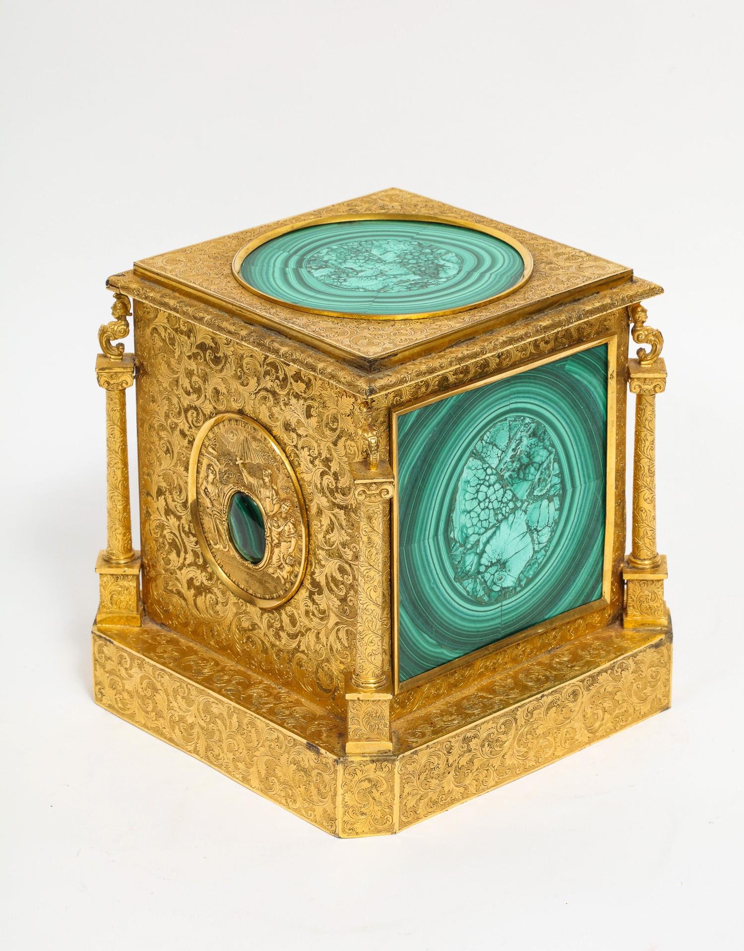 19th Century Exquisite Quality Napoleon III Engraved Ormolu and Malachite Perfume Bottle Box