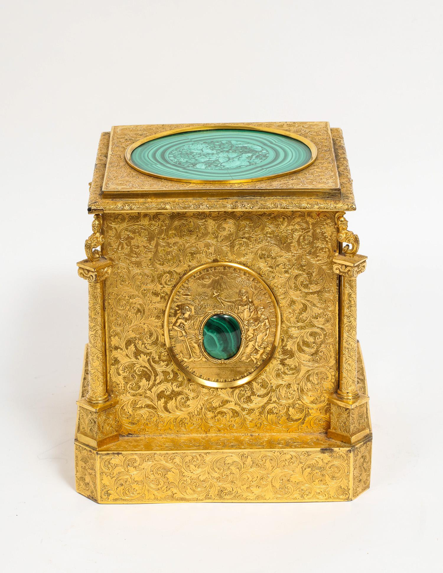 Bronze Exquisite Quality Napoleon III Engraved Ormolu and Malachite Perfume Bottle Box
