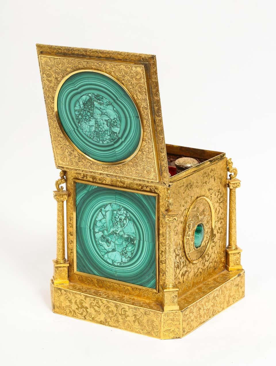 Exquisite Quality Napoleon III Engraved Ormolu and Malachite Perfume Bottle Box 3