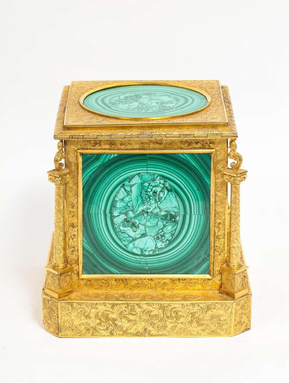 Exquisite Quality Napoleon III Engraved Ormolu and Malachite Perfume Bottle Box 4