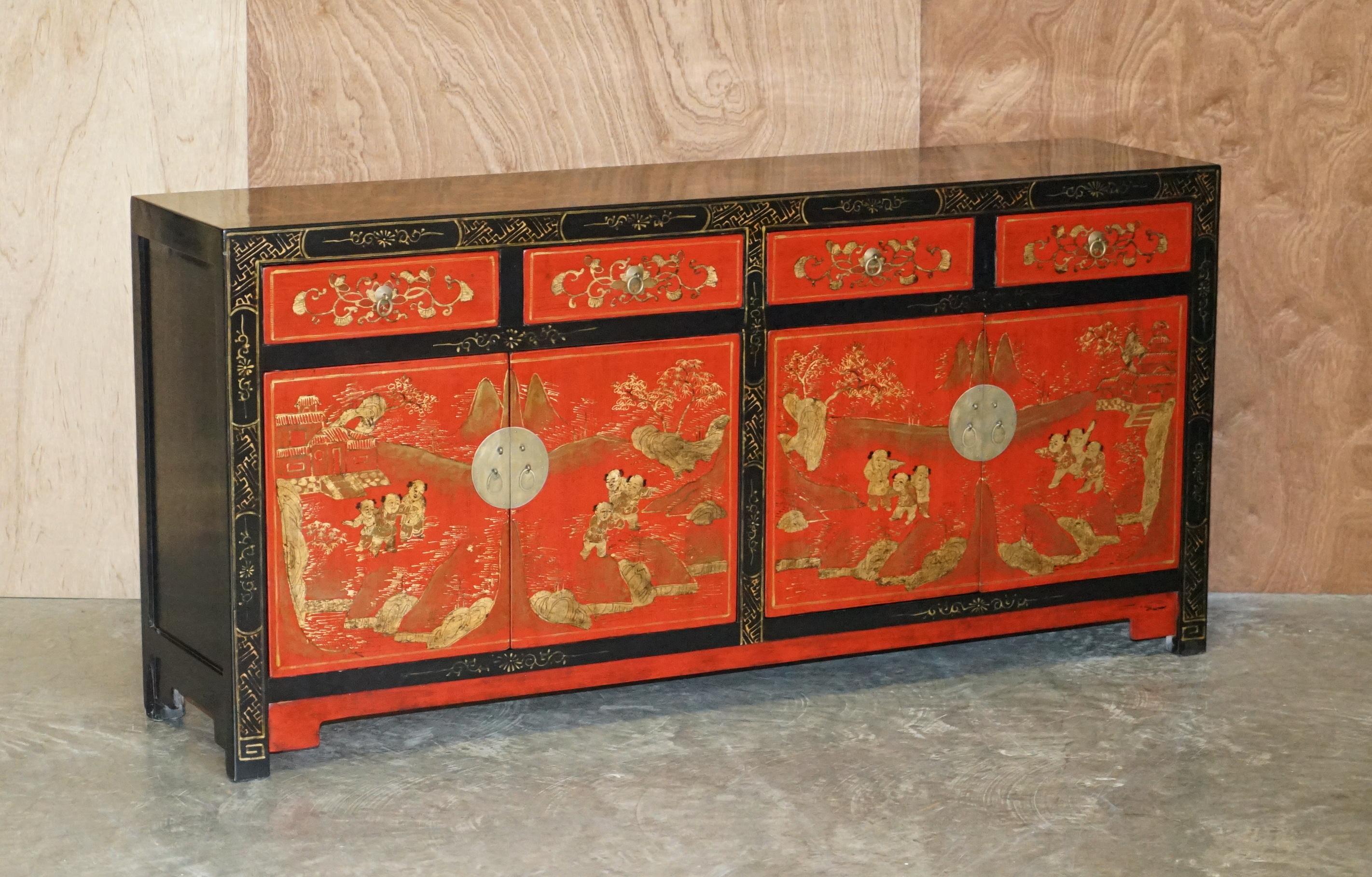 We are delighted to offer for sale this lovely vintage beautifully decorated hand painted and lacquered Oriental sideboard with drawers

A very good looking and well made piece, it is larger with much brighter colours than the norm, it really is a