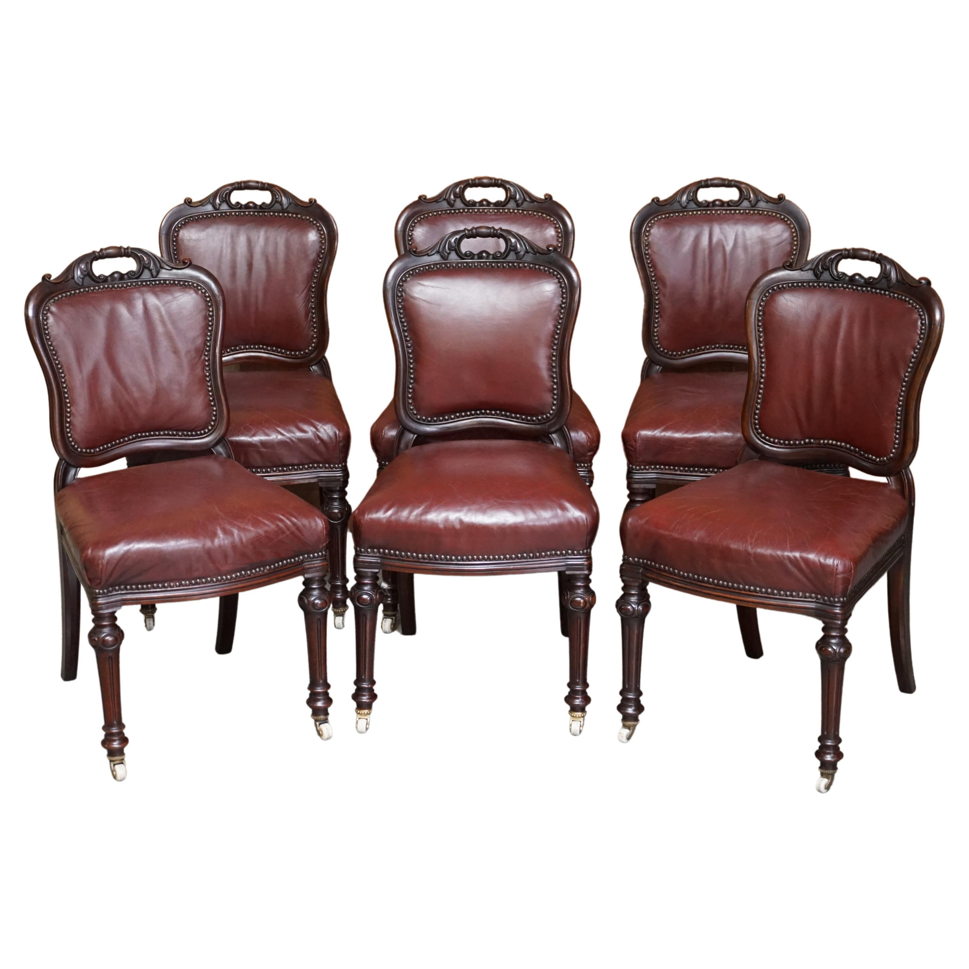 Exquisite Quality Victorian 1860 Hardwood & Leather Dining Chairs After Gillows For Sale