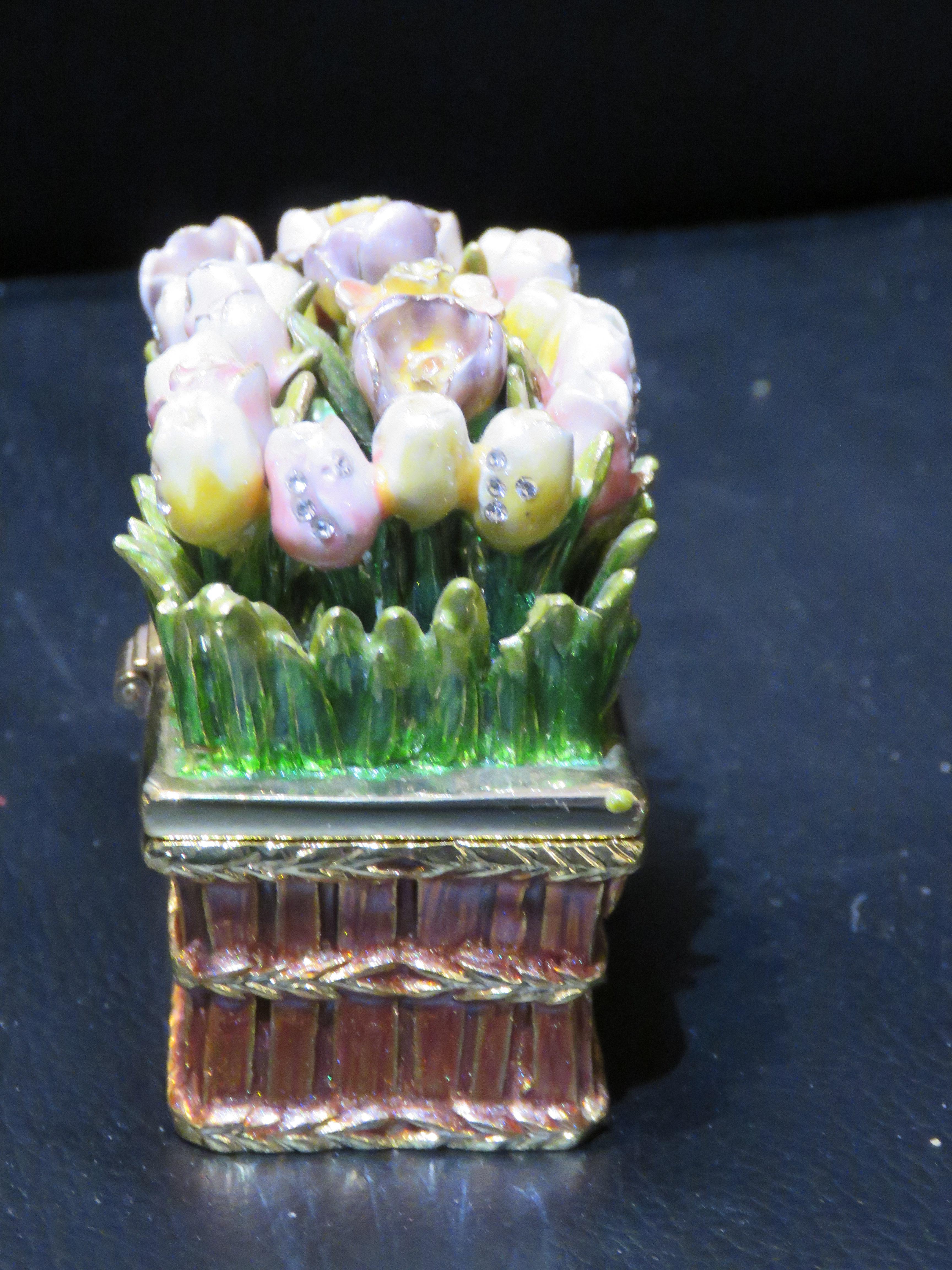 Enamel Exquisite Rare AUSTRIAN CRYSTAL Detailed Large Tulip and Poppy Jewelry Box For Sale