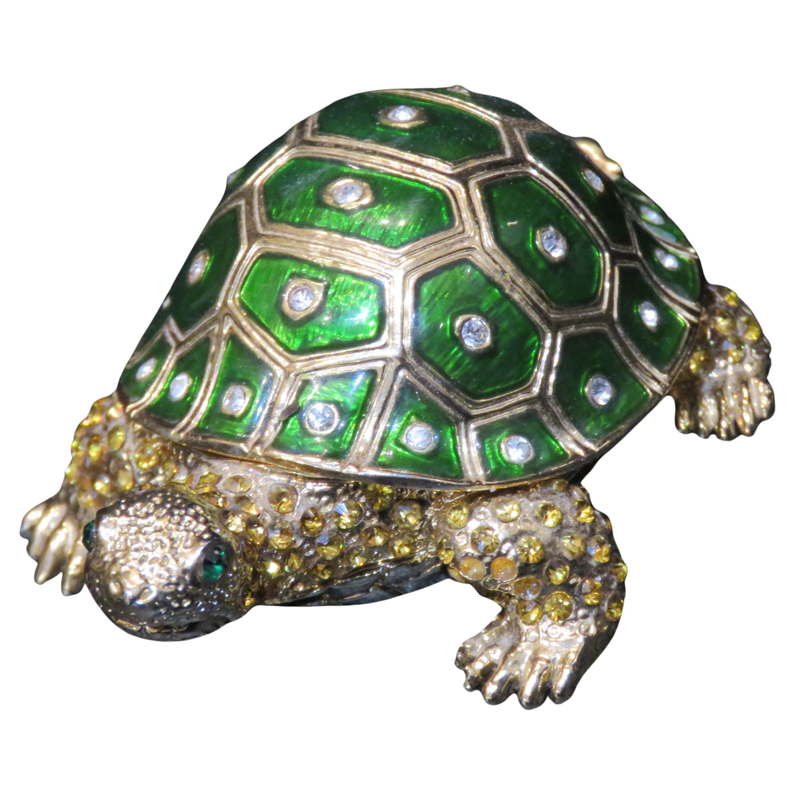 Exquisite Rare Colorful Crystal Detailed Large Enamel Turtle Jewelry Box