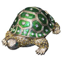 Vintage Exquisite Rare Colorful Crystal Detailed Large Enamel Turtle Jewelry Box