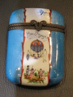 Exquisite Rare French Large Bon Voyage Blue Limoges Container Compact Box
