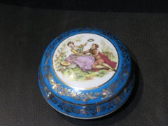 Exquisite Rare French Large Young Lovers Turquoise Blue Gold Limoges Boxes