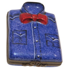 Exquisite Rare French Limoges Colorful Blue Shirt Red Tie Jewelry Holder Box