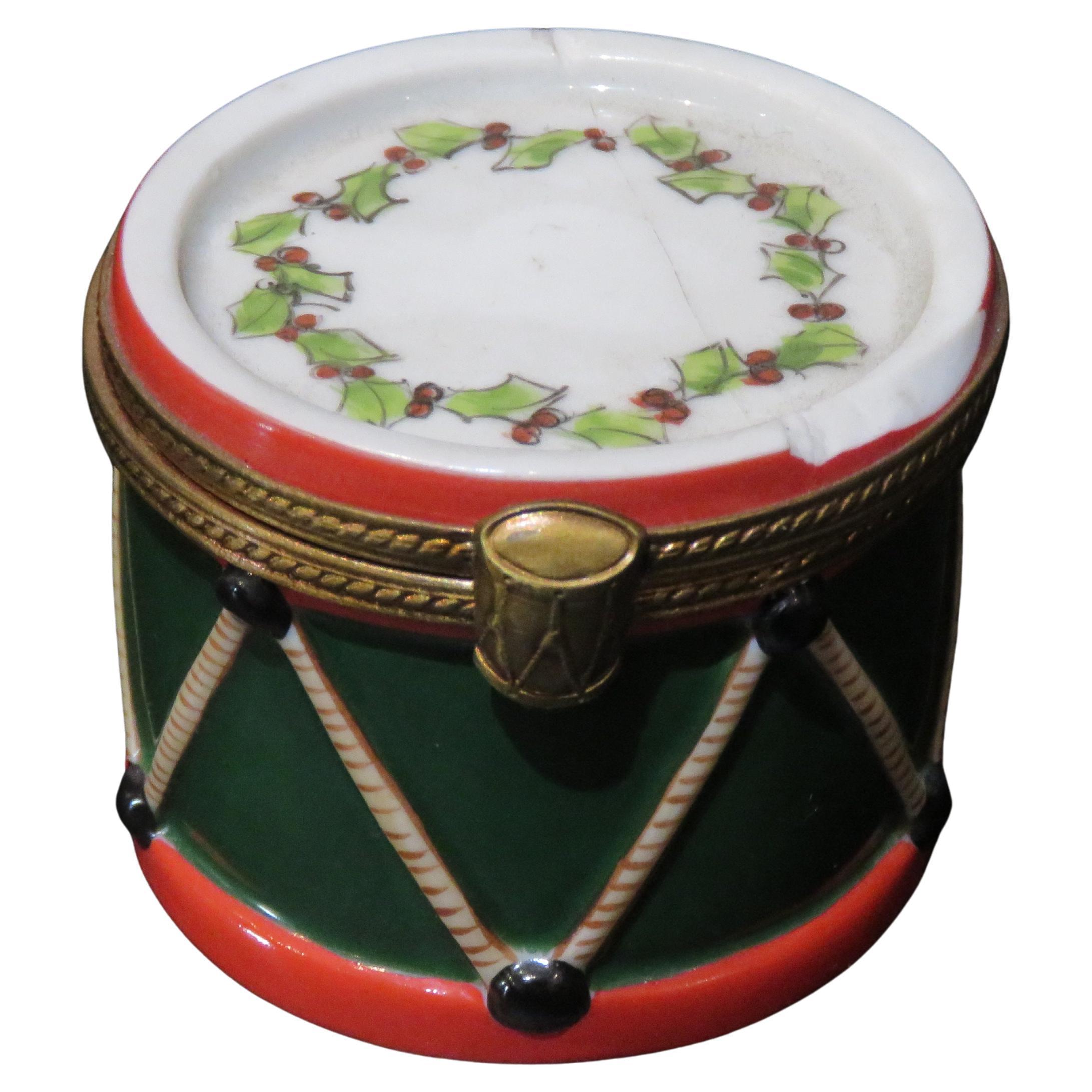 Exquisito y Raro Joyero de Tambor Navideño de Limoges Francés de Colores