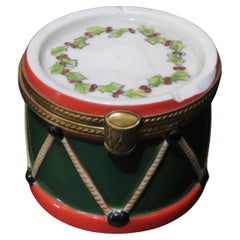 Exquisite Rare French Limoges Colorful Christmas Drum Jewelry Holder Box