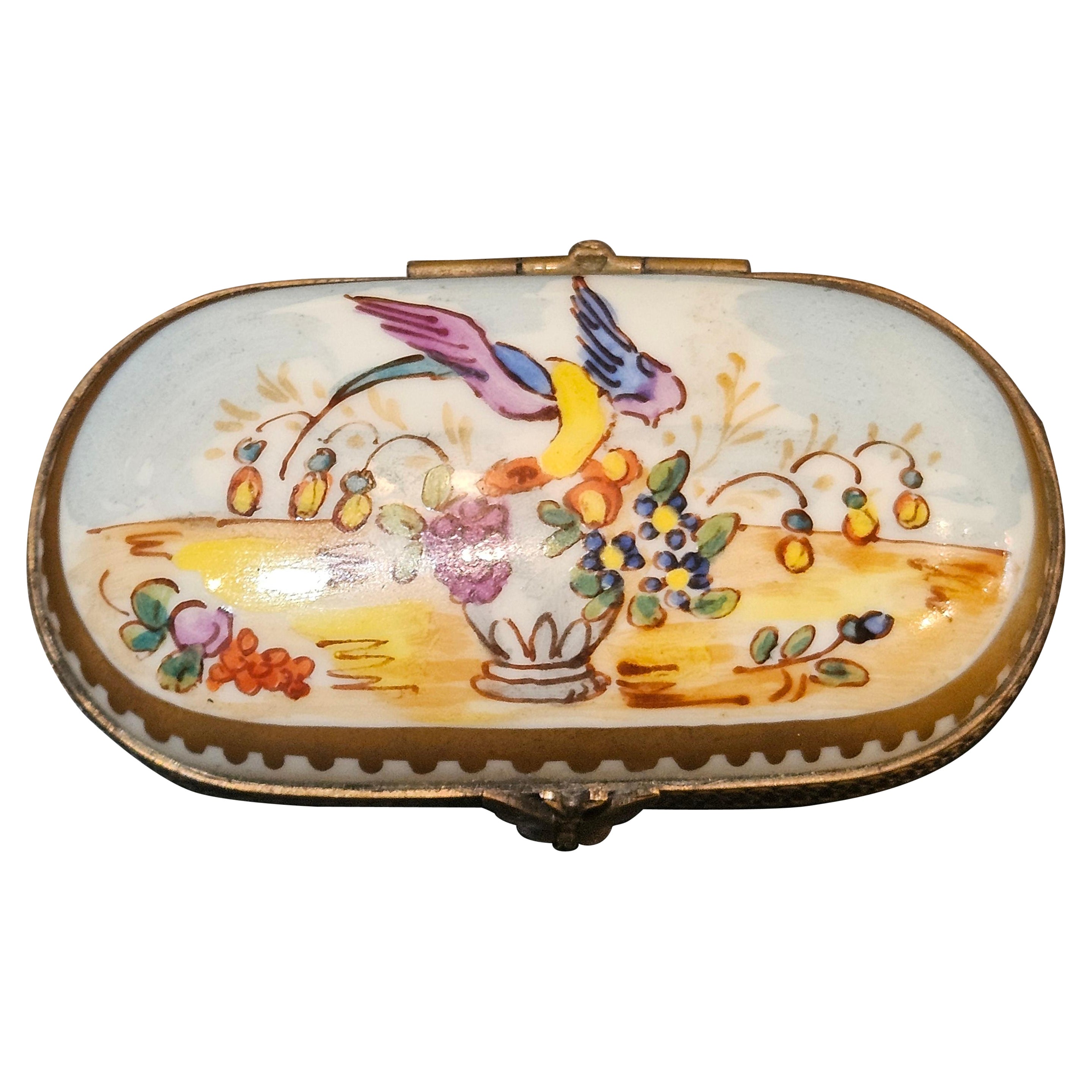 Exquisite Rare French Limoges Colorful Fruit Bowl w/ Bird Jewelry Box Pill Case