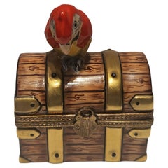 Exquisite Rare French Limoges Colorful Parrot Treasure Chest Jewelry Holder Box