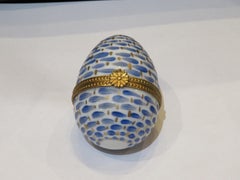 Exquisite Rare French Turquoise Blue and White Gold Limoges Box Egg