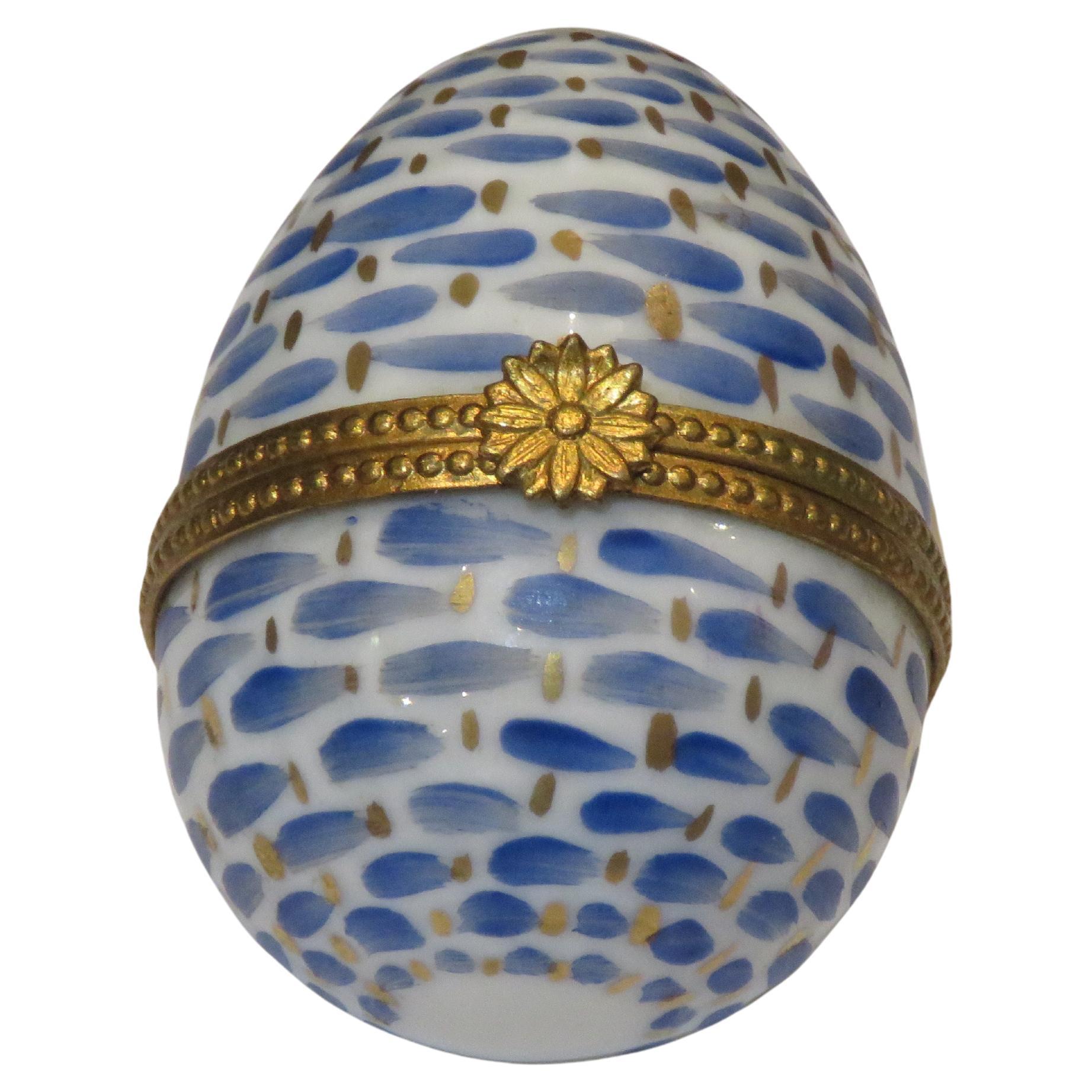 Exquisite Rare French Turquoise Blue and White Gold Limoges Box Egg For Sale