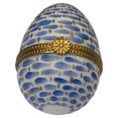 Exquisite Rare French Turquoise Blue and White Gold Limoges Box Egg