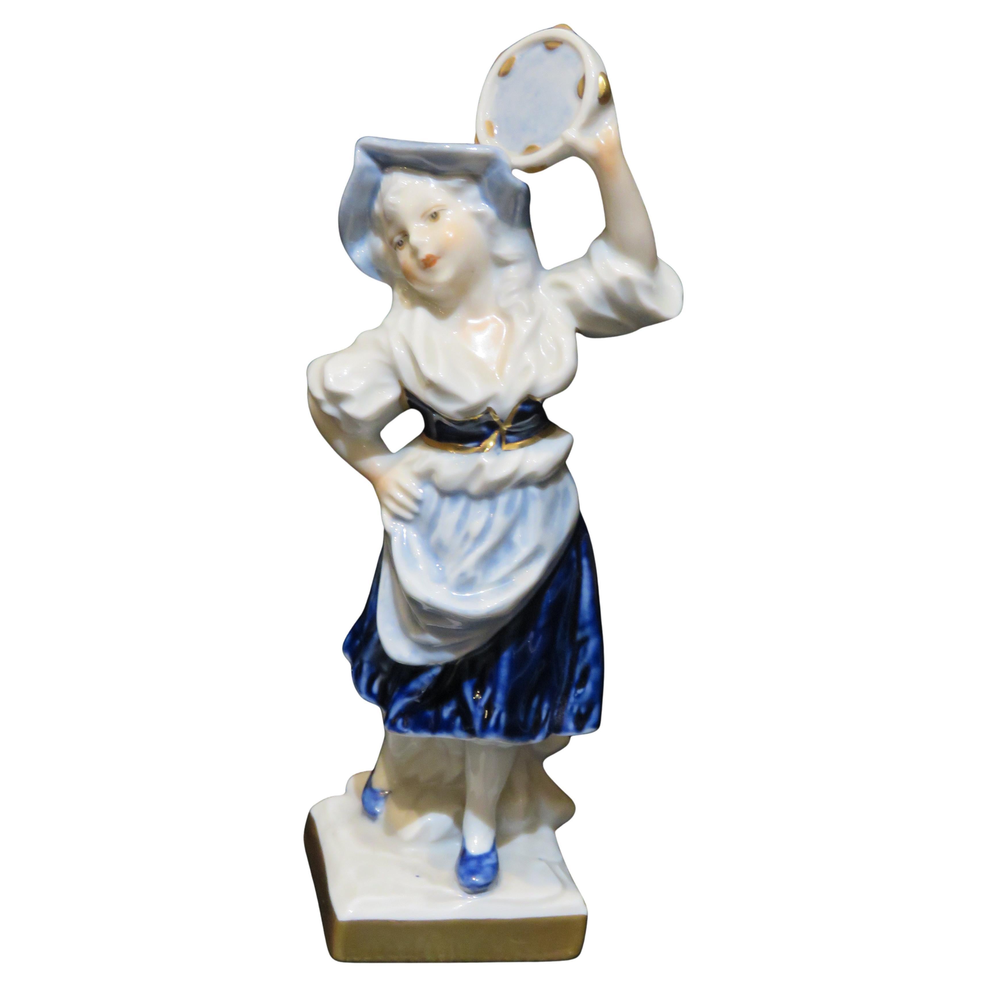 Exquisite Rare German Turquoise Blue White Gold Unter Weiss Bach Tambourine Lady