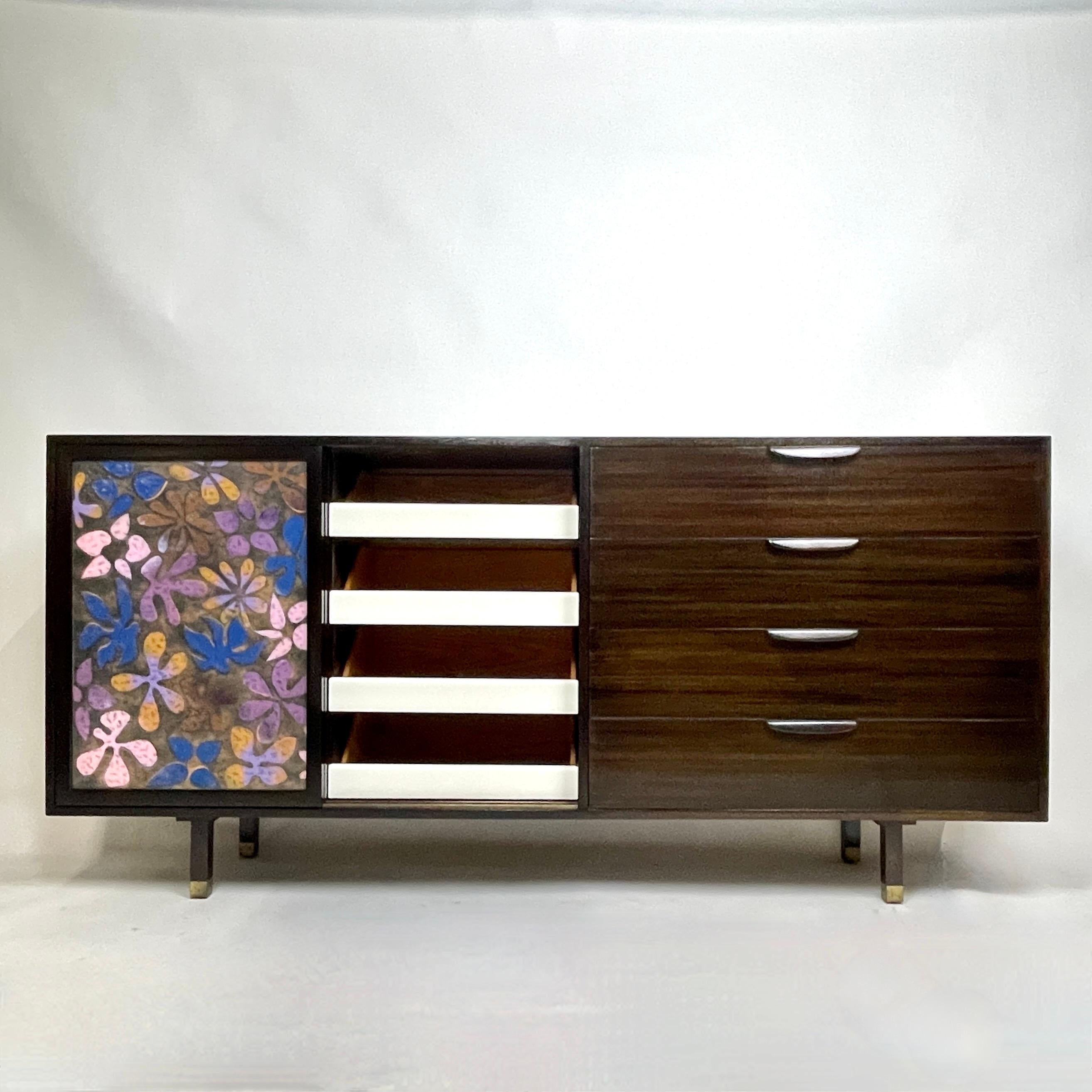 Exquisite & Rare Harvey Probber Credenza Dresser w. Arpad Rasti Enameled Doors  For Sale 2