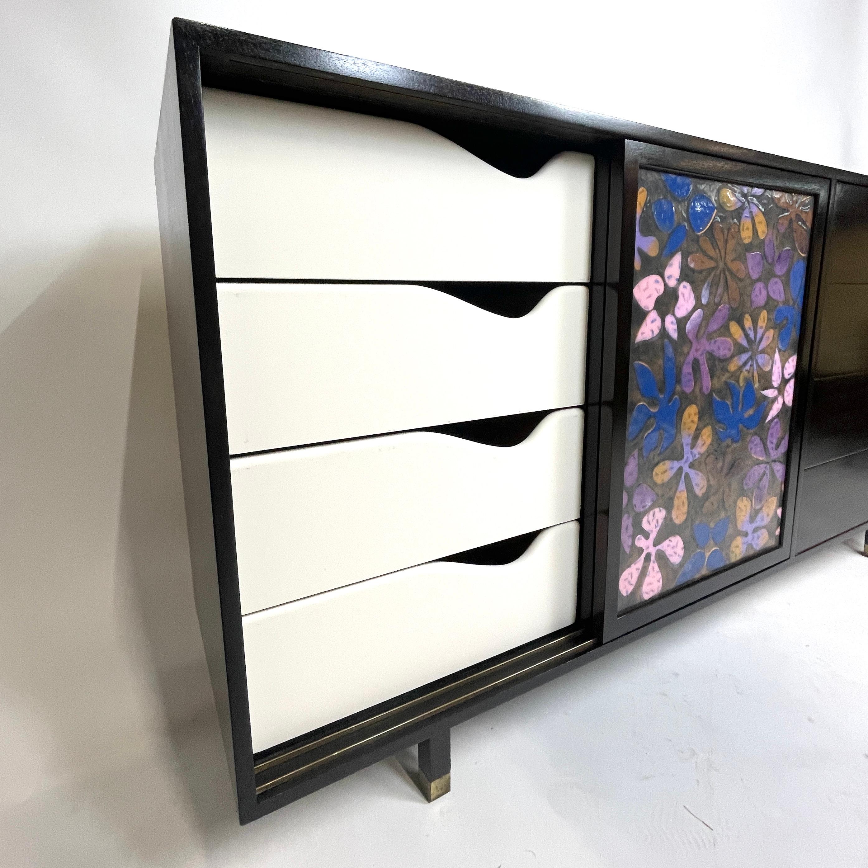 Exquisite & Rare Harvey Probber Credenza Dresser w. Arpad Rasti Enameled Doors  For Sale 4