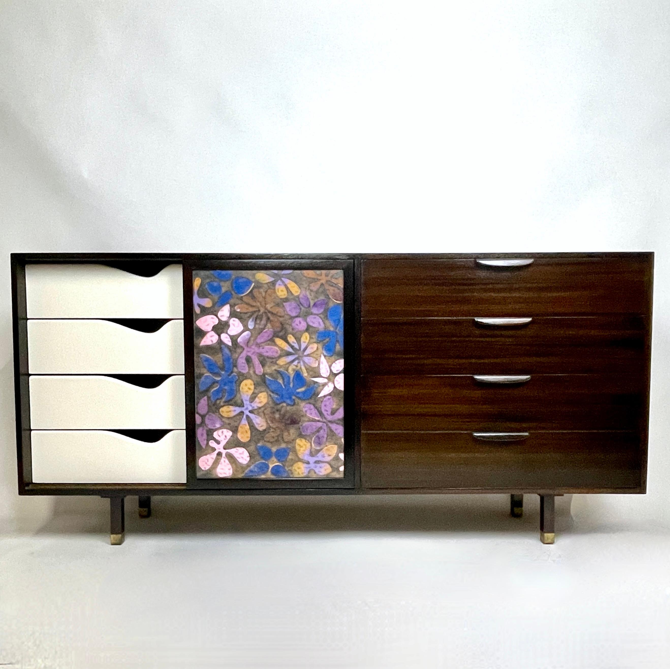 Exquisite & Rare Harvey Probber Credenza Dresser w. Arpad Rasti Enameled Doors  For Sale 6