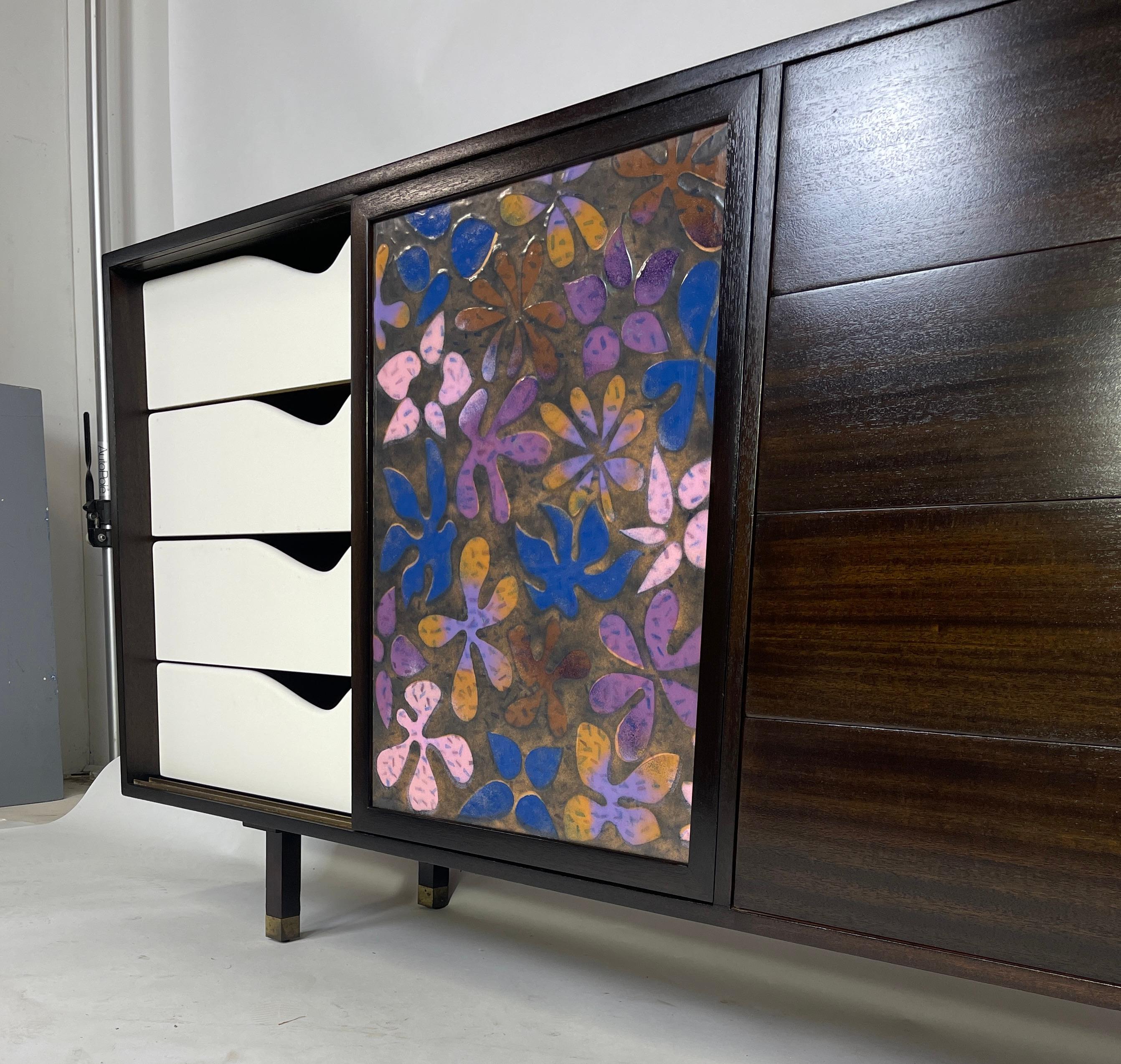 Exquisite & Rare Harvey Probber Credenza Dresser w. Arpad Rasti Enameled Doors  For Sale 10