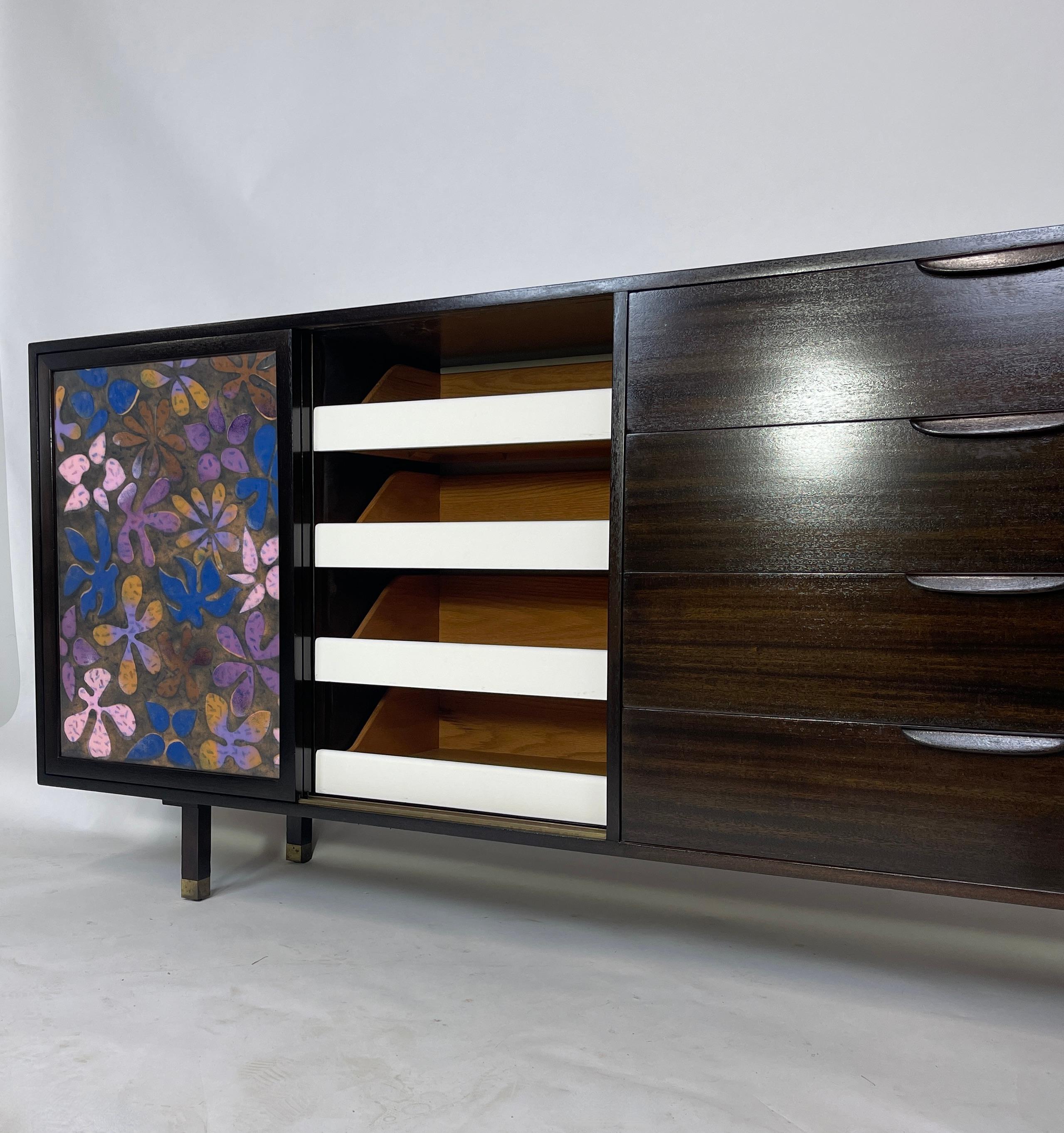 Exquisite & Rare Harvey Probber Credenza Dresser w. Arpad Rasti Enameled Doors  For Sale 11