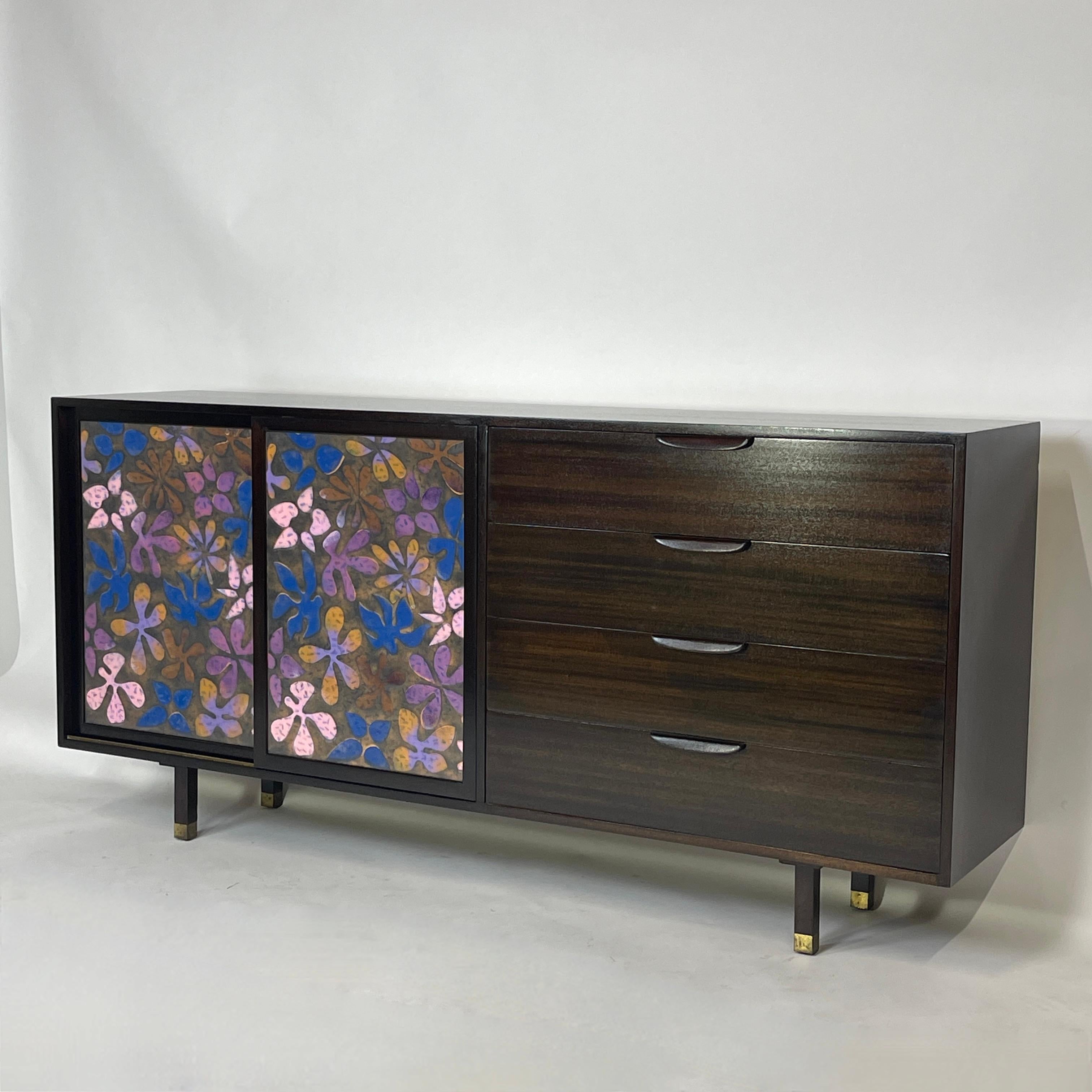 Stunning and rare collaboration between Harvey Probber and Arpad Rosti. This piece has been completely refinished to perfection including the matte white drawer fronts of the interior. 
This grand and stunning Harvey Probber design is elevated with
