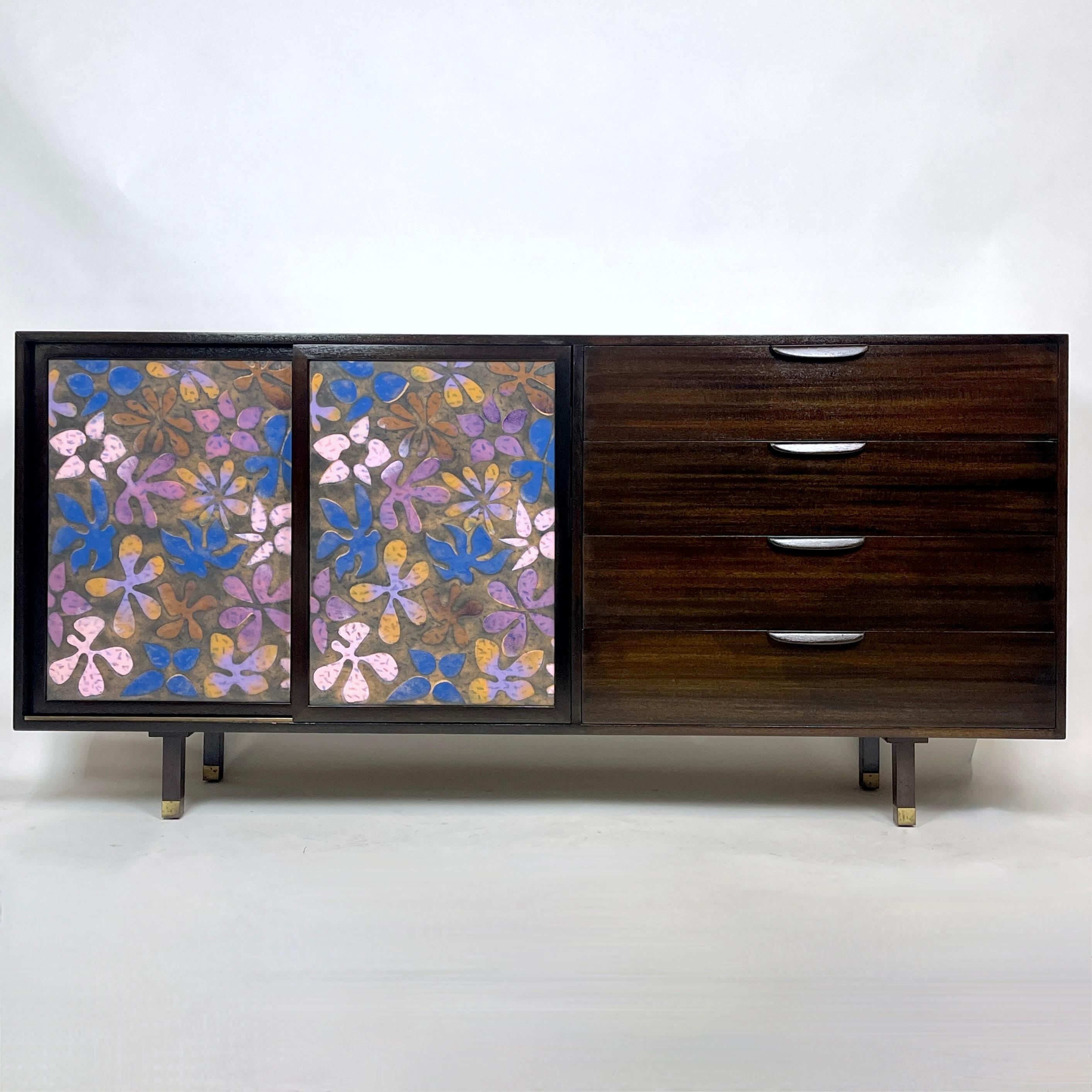 Exquisite & Rare Harvey Probber Credenza Dresser w. Arpad Rasti Enameled Doors  In Good Condition For Sale In Hudson, NY