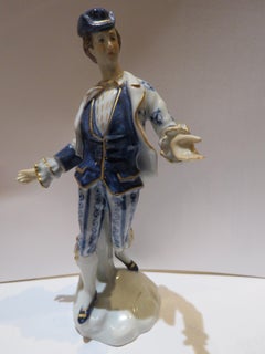 Exquisite Rare Italian Turquoise Blue and White Gold Capodimonte Man with Hat