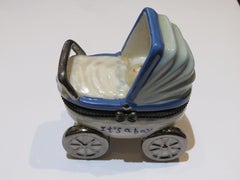 Exquisite Rare Limoges Style Baby boy Stroller Treasure Trinket Jewelry Box