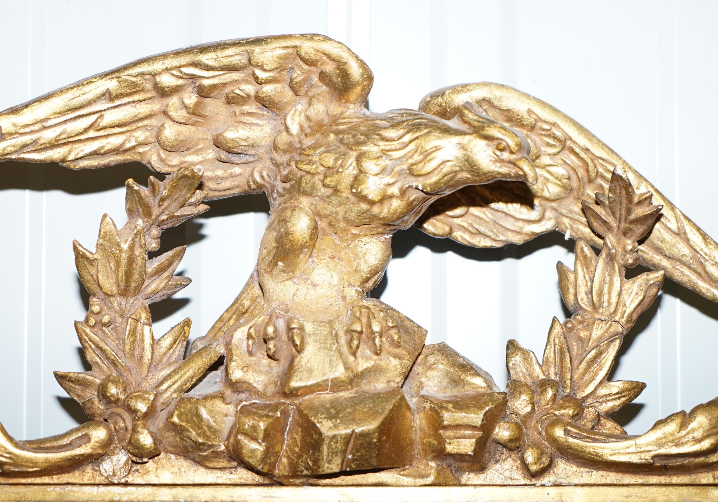 Hand-Crafted Exquisite Regency Circa 1810-1820 Gilded Gesso Mirror Hand Carved Large Eagle For Sale