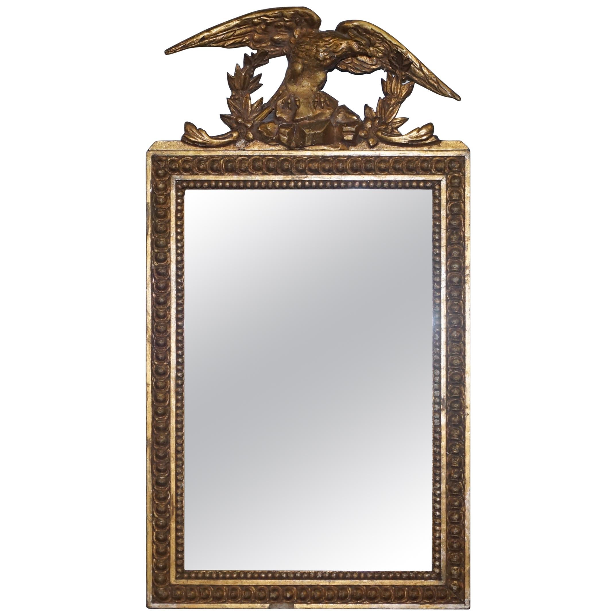 Exquisite Regency Circa 1810-1820 Gilded Gesso Mirror Hand Carved Large Eagle For Sale