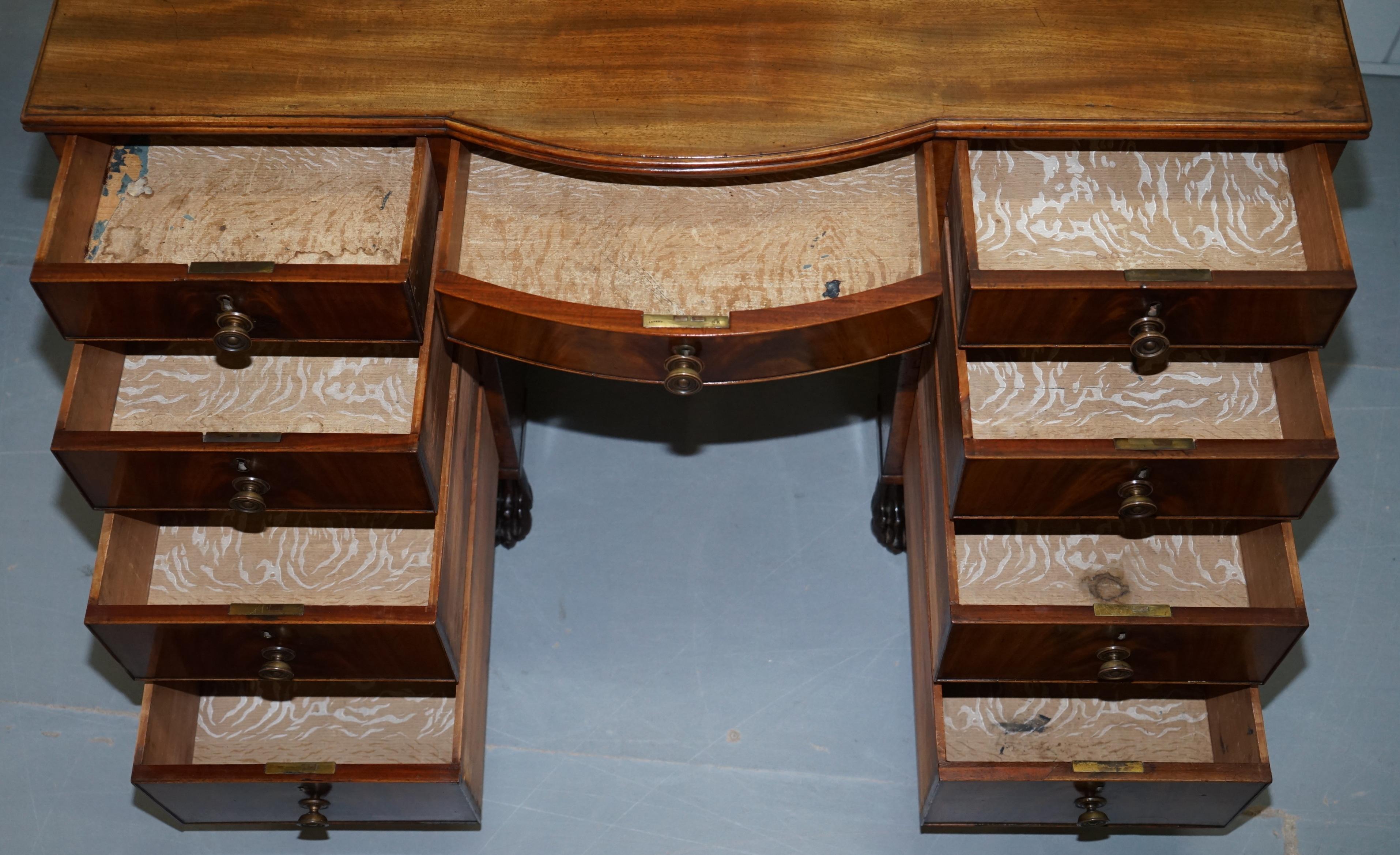 Exquisite Regency Period 1815 Hardwood Kneehole Desk with Lion Hairy Paw Feet For Sale 11