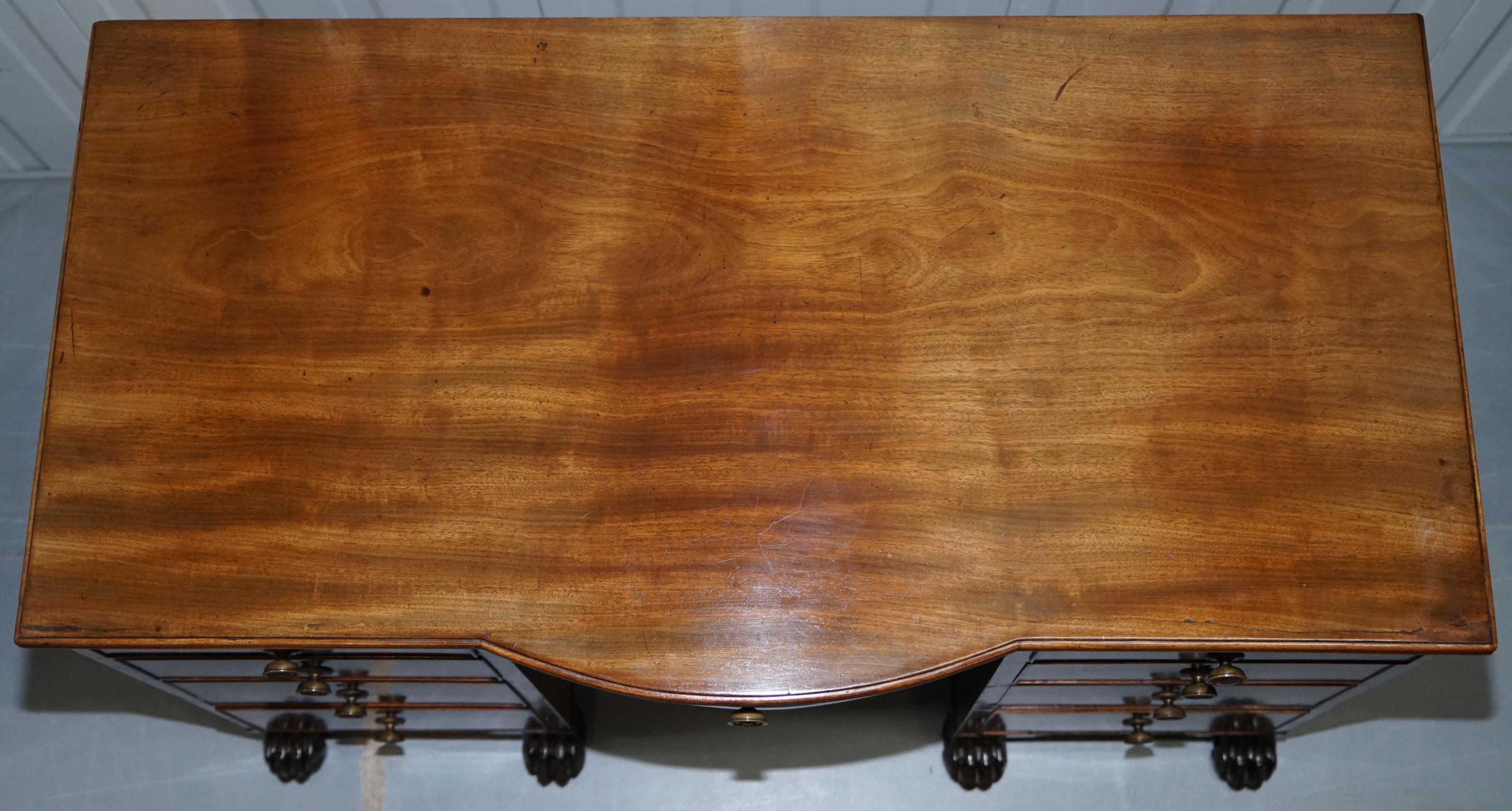 Hand-Carved Exquisite Regency Period 1815 Hardwood Kneehole Desk with Lion Hairy Paw Feet For Sale