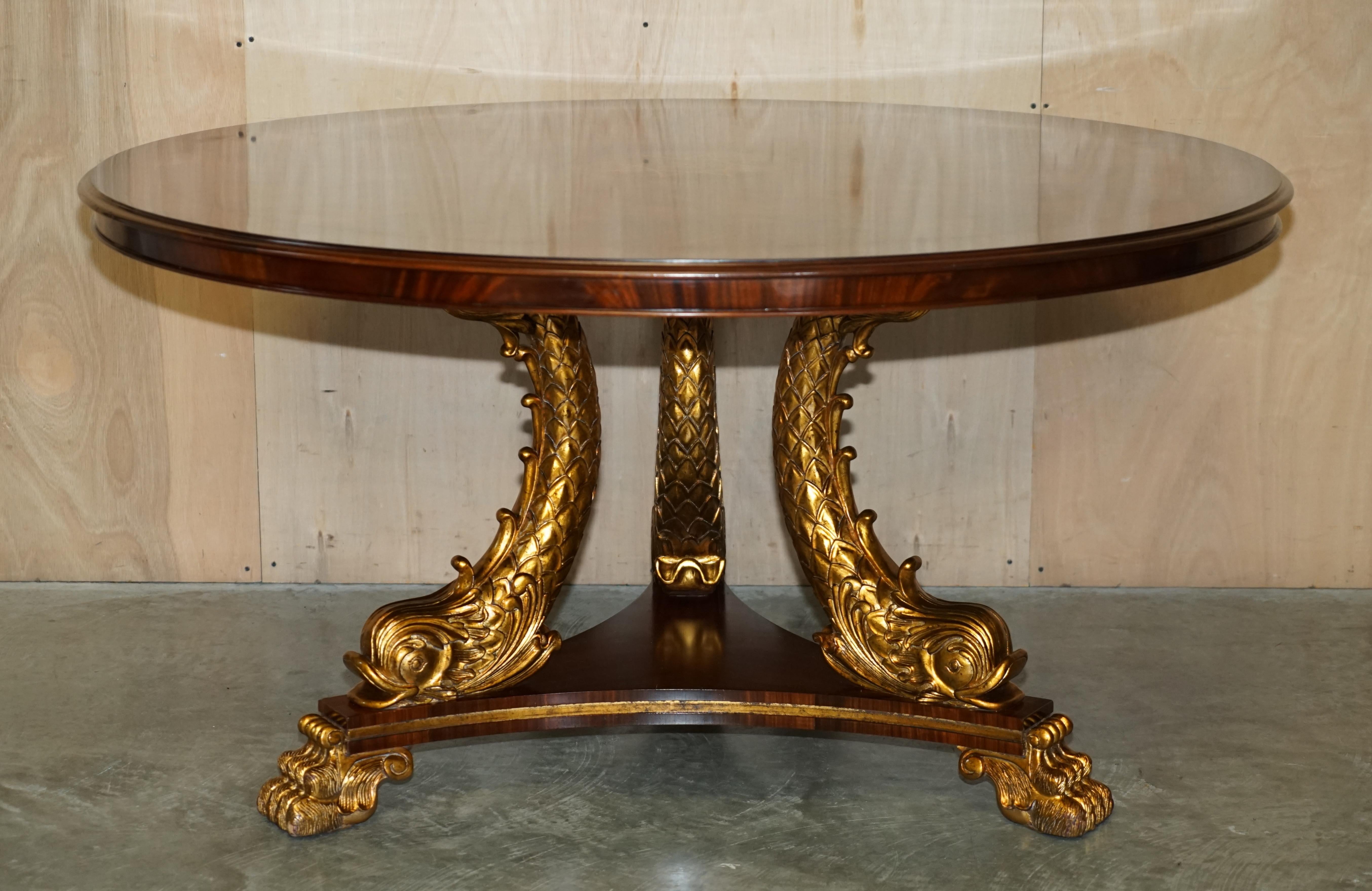 Exquisite Regency Style Gold Giltwood Dolphin Dining Table Flamed Hardwood Top For Sale 13