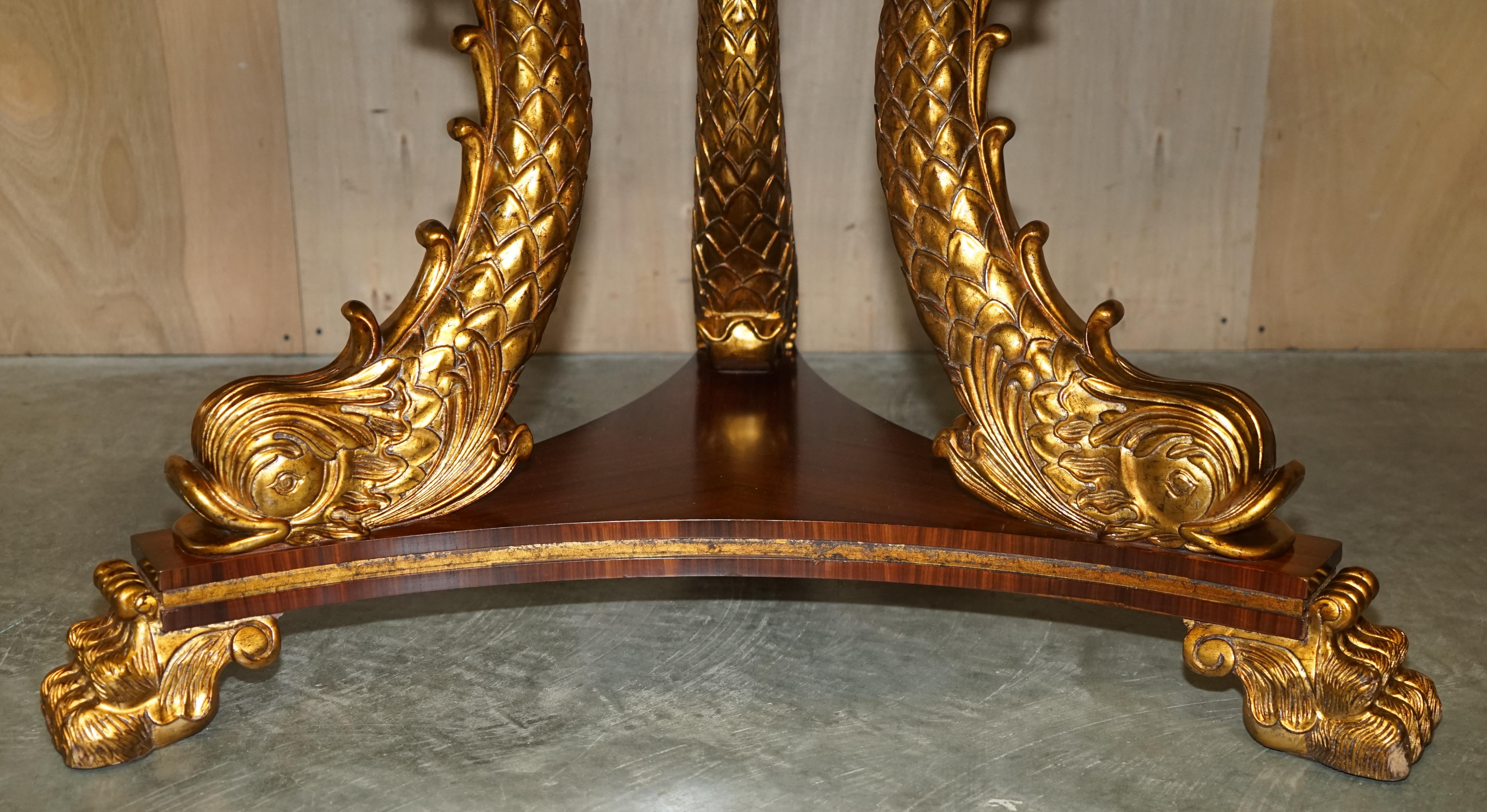 Exquisite Regency Style Gold Giltwood Dolphin Dining Table Flamed Hardwood Top For Sale 1