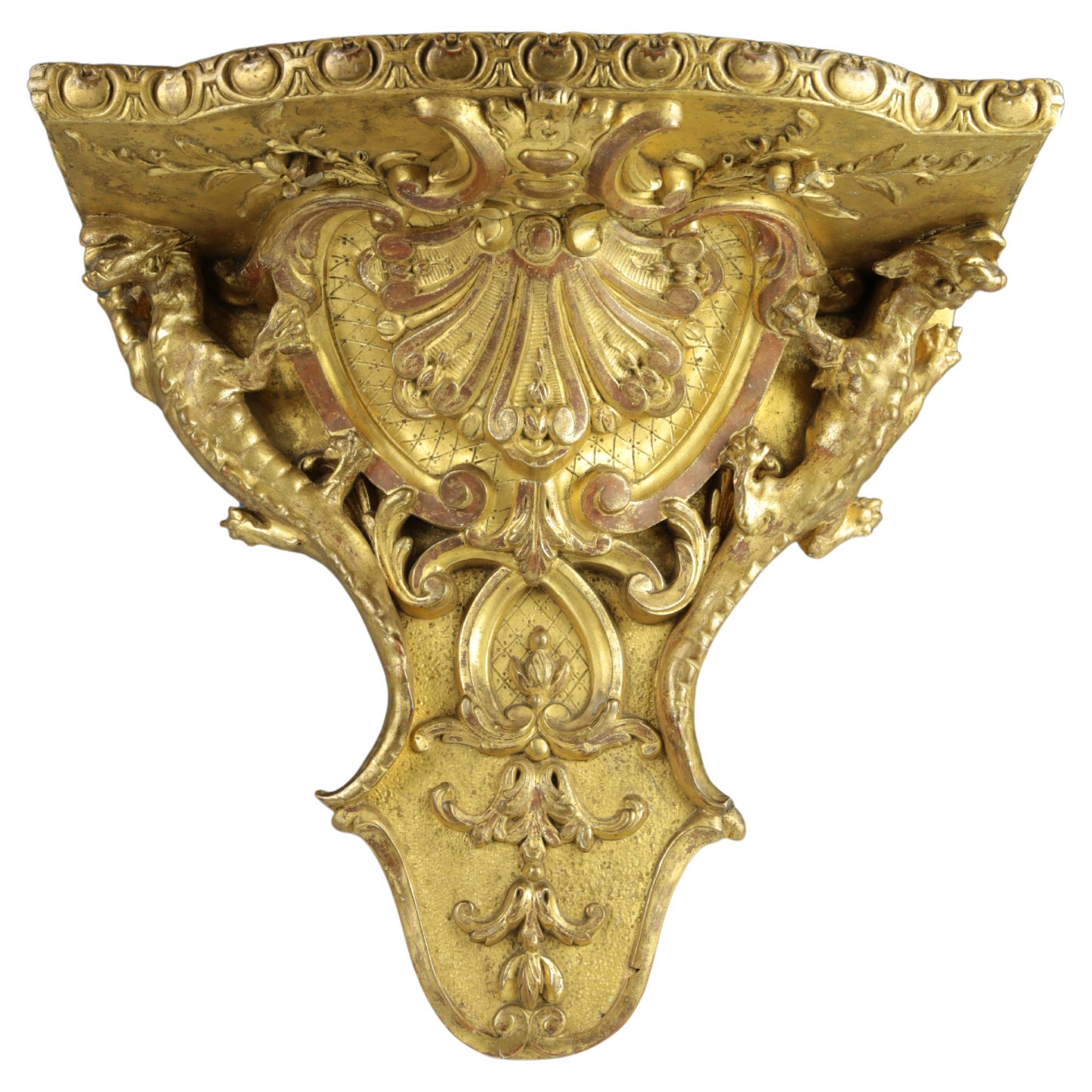 Exquisite Renaissance Revival Giltwood Griffin Bracket Shelf
