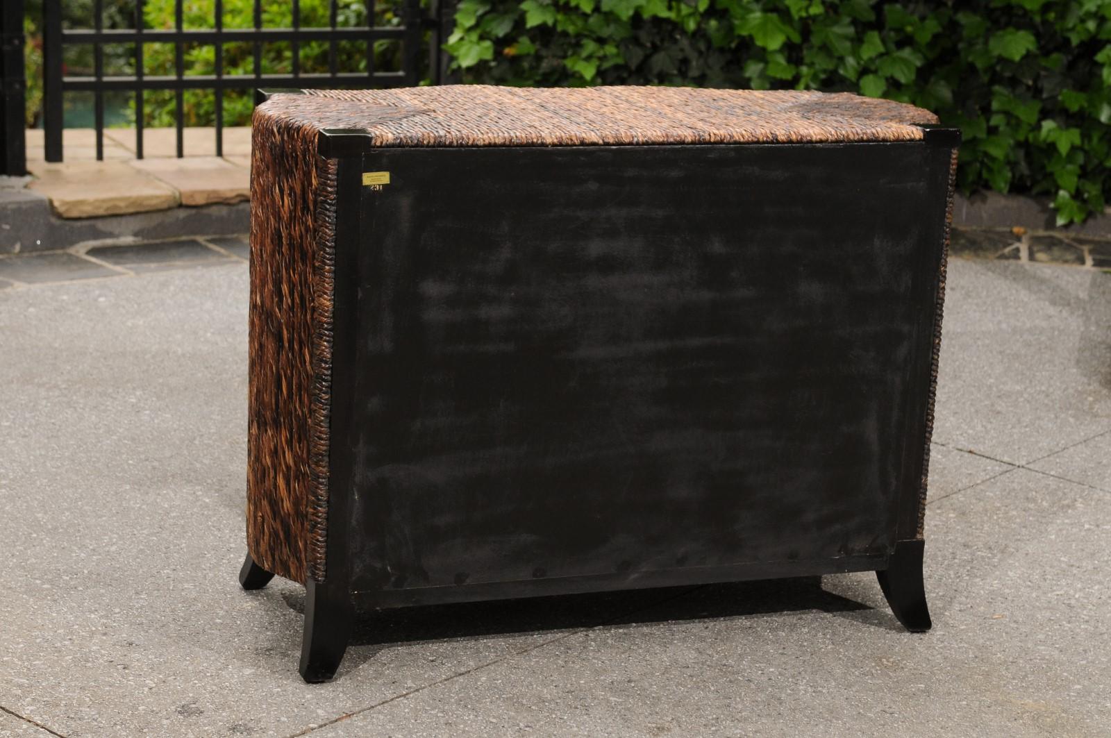 Exquisite Restored Black Lacquer and Rush Wicker Commode, circa 1985 For Sale 7