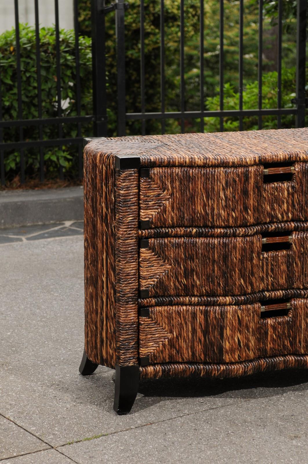 Organic Modern Exquisite Restored Black Lacquer and Rush Wicker Commode, circa 1985 For Sale