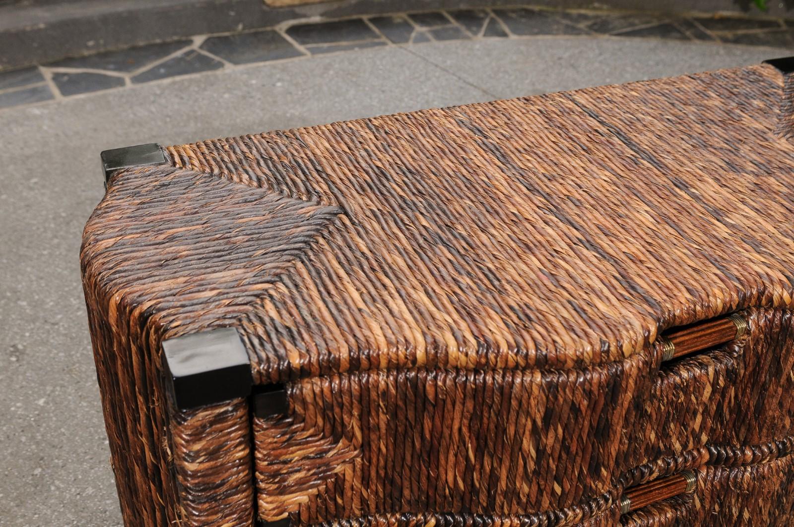 Exquisite Restored Black Lacquer and Rush Wicker Commode, circa 1985 In Excellent Condition For Sale In Atlanta, GA