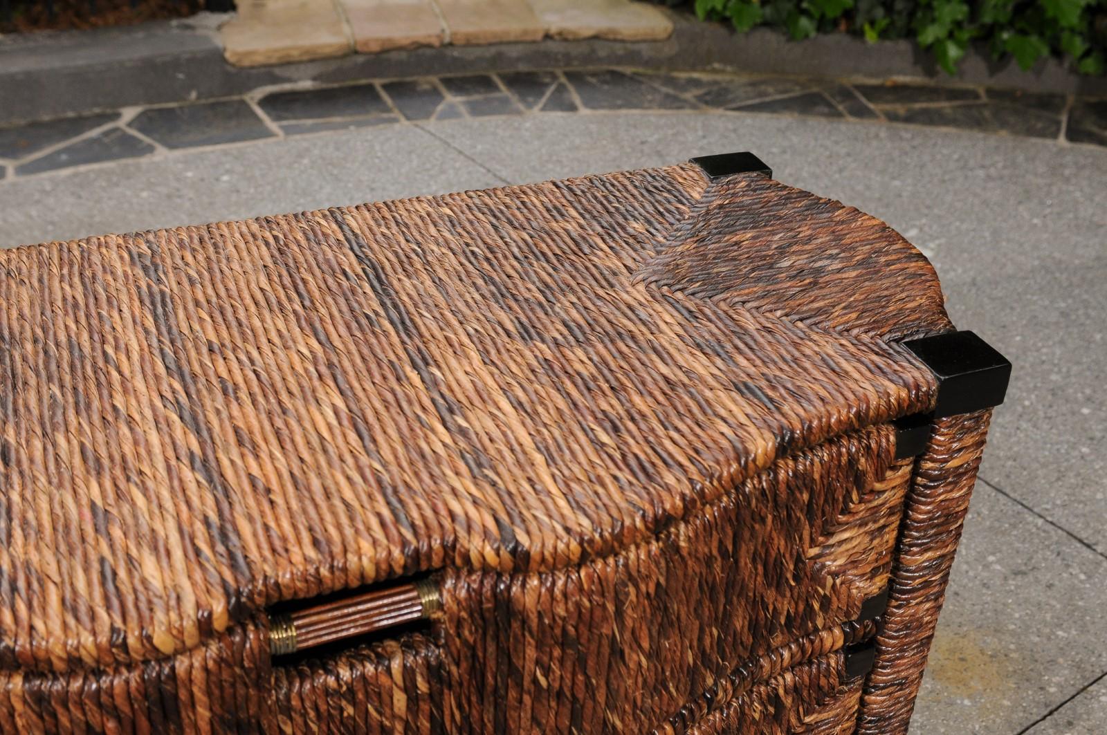 Late 20th Century Exquisite Restored Black Lacquer and Rush Wicker Commode, circa 1985 For Sale