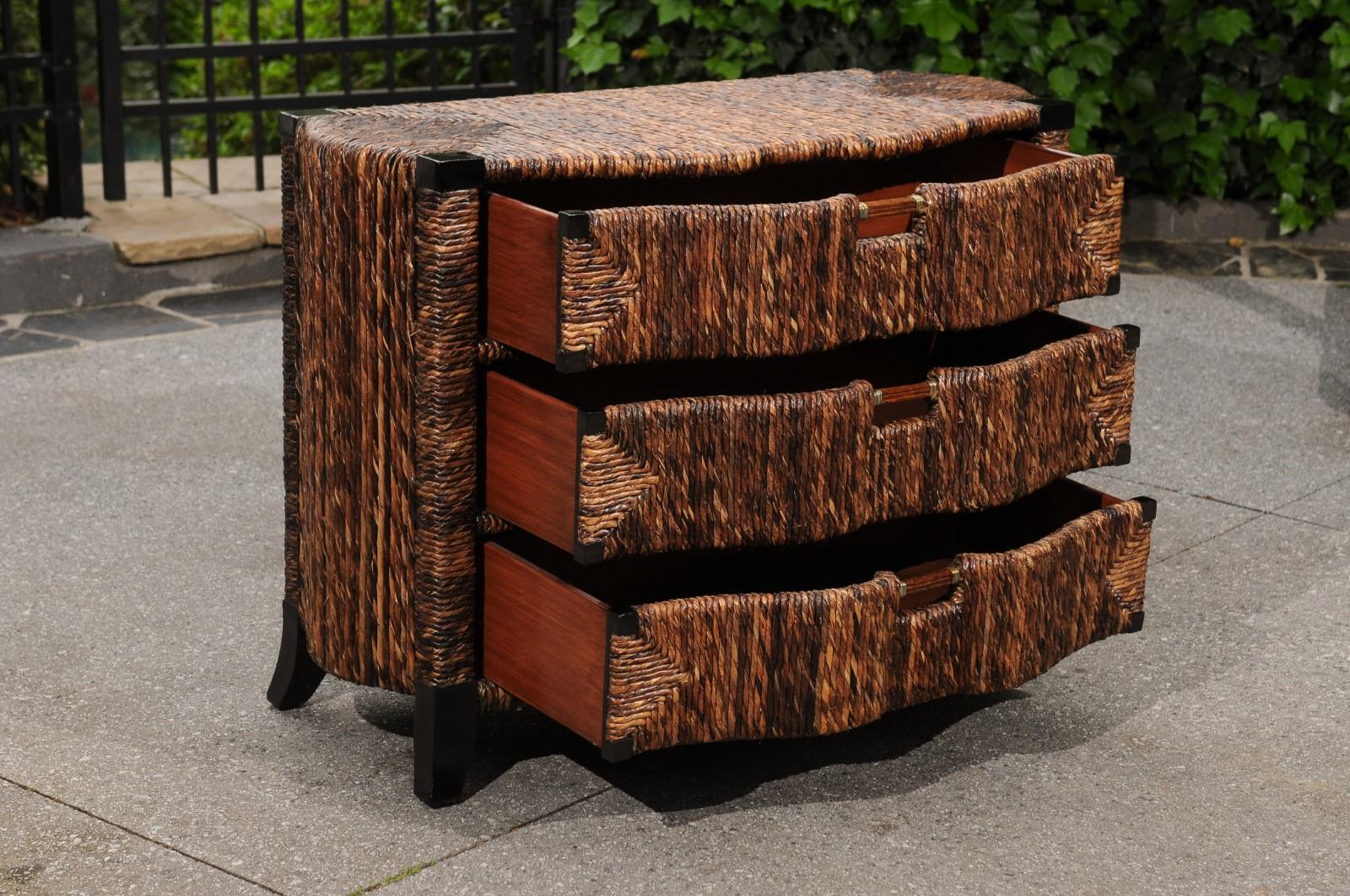 Exquisite Restored Black Lacquer and Rush Wicker Commode, circa 1985 For Sale 1