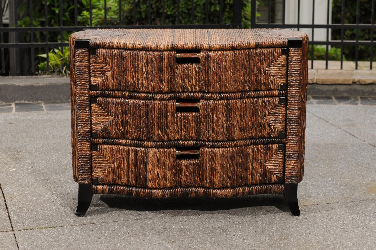 Exquisite Restored Black Lacquer and Rush Wicker Commode, circa 1985 For Sale 3