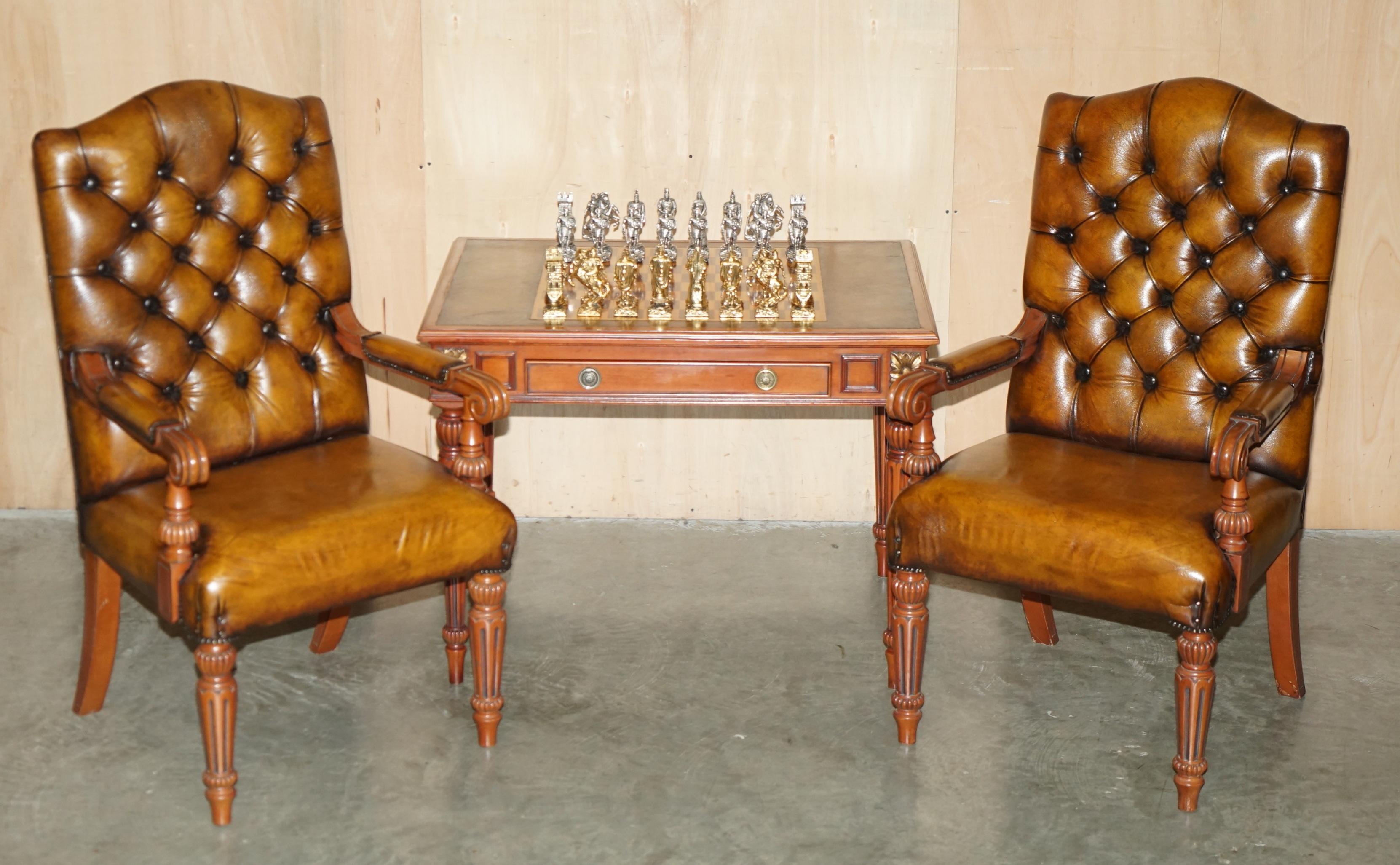 EXQUISiTE RESTORED CHESSBOARD TABLE and LEATHER CHESTERFIELD ARMCHAIRS ...