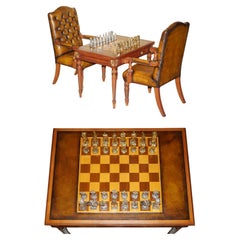 Exquisite RESTORED CHESSBOARD TABLE & LEATHER CHESTERFIELD ARMCHAIRS + CHESS Set