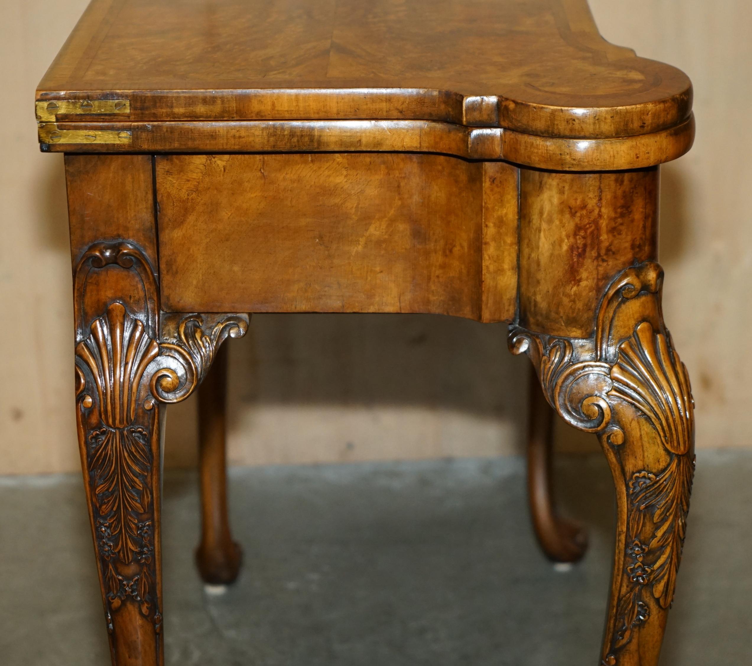 EXQUISITE RESTORED GEORGE II STYLE BURR WALNUT EMBROiDERED GAMES CARD TABLE For Sale 2