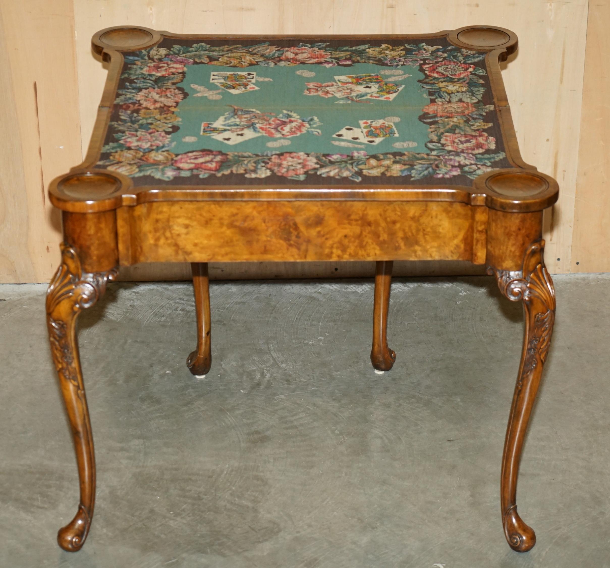 EXQUISITE RESTORED GEORGE II STYLE BURR WALNUT EMBROiDERED GAMES CARD TABLE For Sale 7