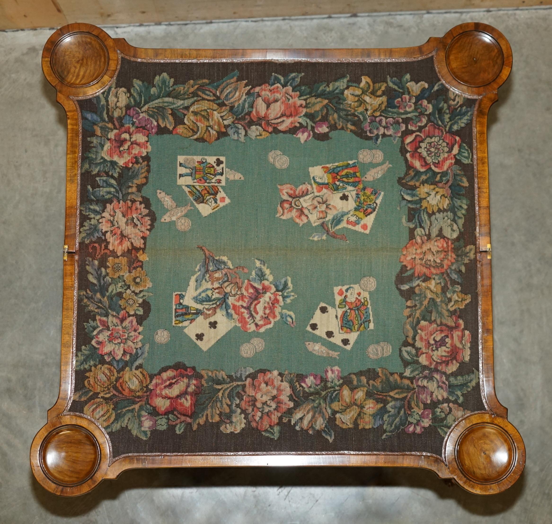 EXQUISITE RESTORED GEORGE II STYLE BURR WALNUT EMBROiDERED GAMES CARD TABLE For Sale 8