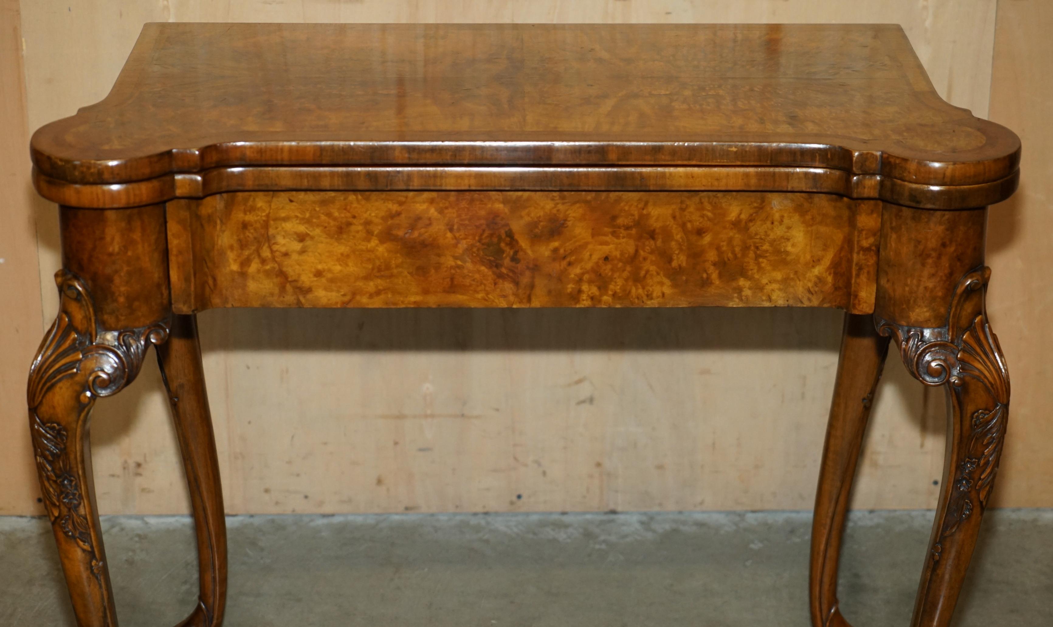 English EXQUISITE RESTORED GEORGE II STYLE BURR WALNUT EMBROiDERED GAMES CARD TABLE For Sale