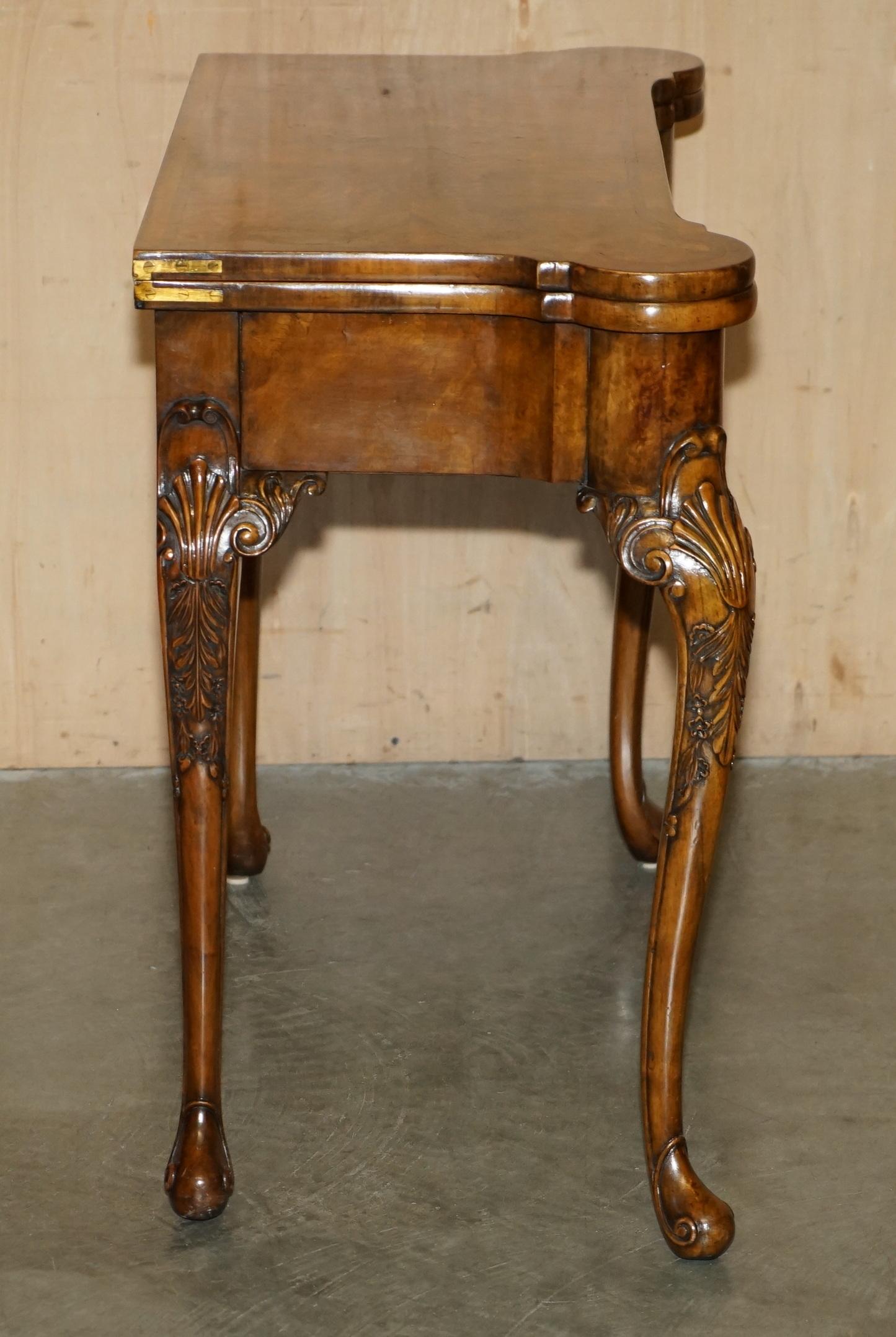 EXQUISITE RESTORED GEORGE II STYLE BURR WALNUT EMBROiDERED GAMES CARD TABLE For Sale 1