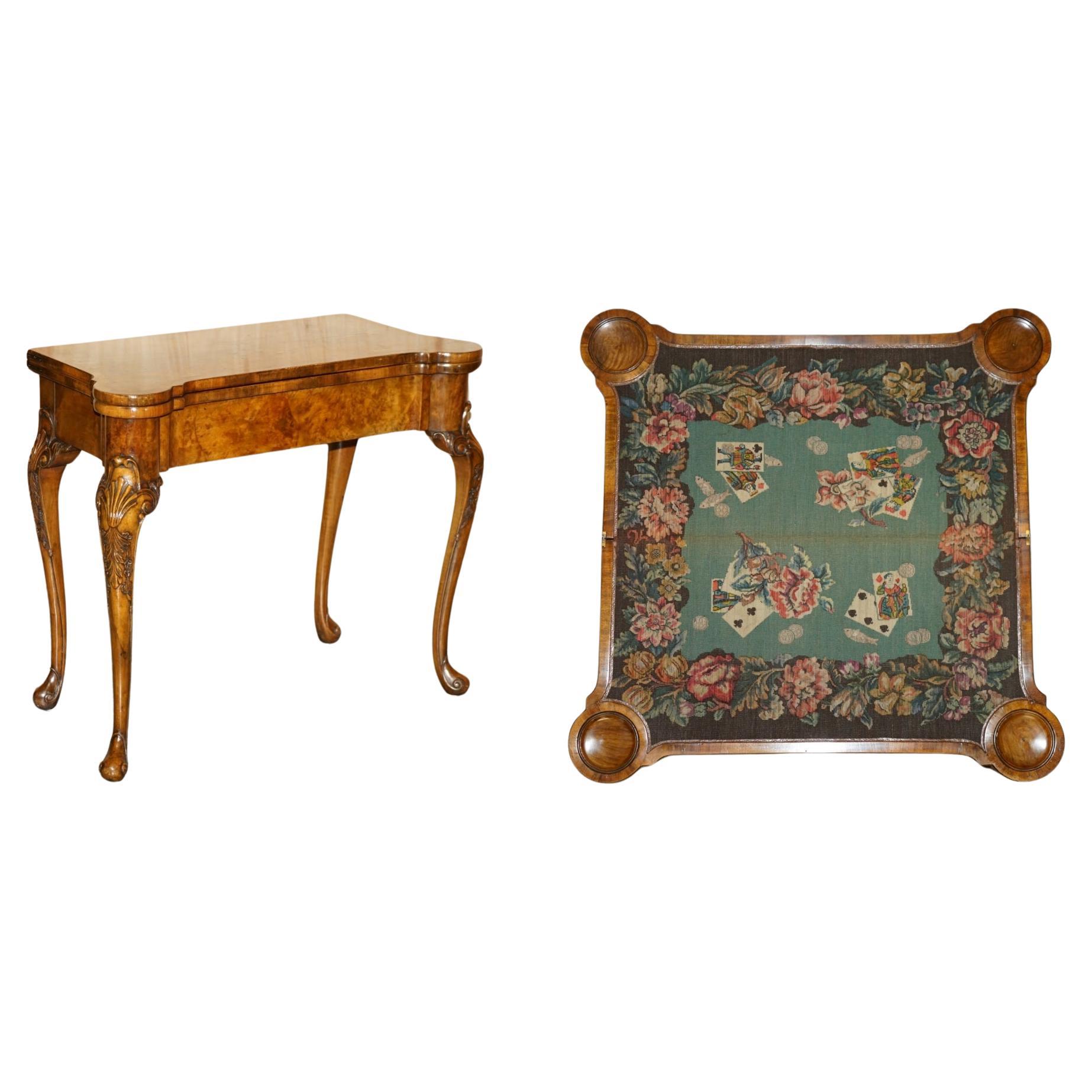 EXQUISITE RESTORED GEORGE II STYLE BURR WALNUT EMBROiDERED GAMES CARD TABLE For Sale